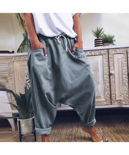 Women Harem Pants Trousers Boho Mid Waist Pants Women Solid Check Pants Baggy Wide Leg Casual Capris $35.31 - Pants & Capris