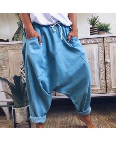 Women Harem Pants Trousers Boho Mid Waist Pants Women Solid Check Pants Baggy Wide Leg Casual Capris $35.31 - Pants & Capris