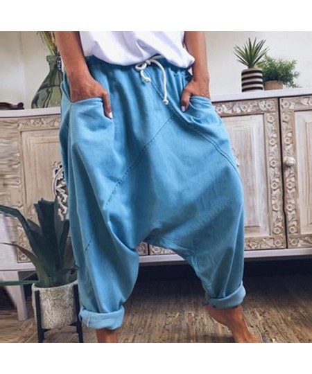 Women Harem Pants Trousers Boho Mid Waist Pants Women Solid Check Pants Baggy Wide Leg Casual Capris $35.31 - Pants & Capris