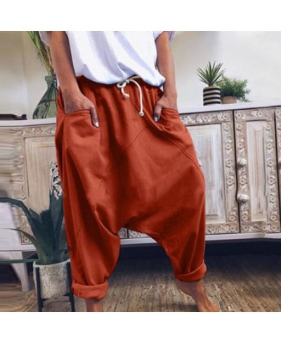 Women Harem Pants Trousers Boho Mid Waist Pants Women Solid Check Pants Baggy Wide Leg Casual Capris $35.31 - Pants & Capris