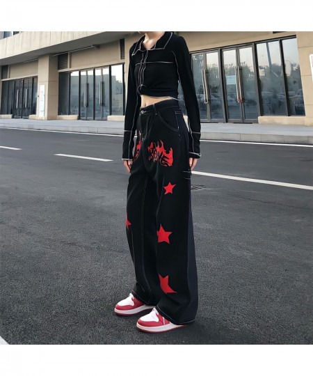 Streetwear Hippie Flame Stars Printing Jeans Women Loose Straight Wide Leg Denim Trousers Boyfriend Style Grunge Y2k Goth Pan...