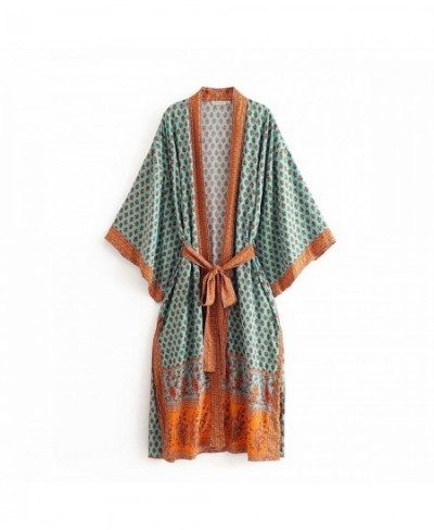 Boho Queens Vintage Peacock Print Sashes Kimono Women Bohemian V Neck Batwing Sleeves Maxi Robe $39.14 - Swimsuit