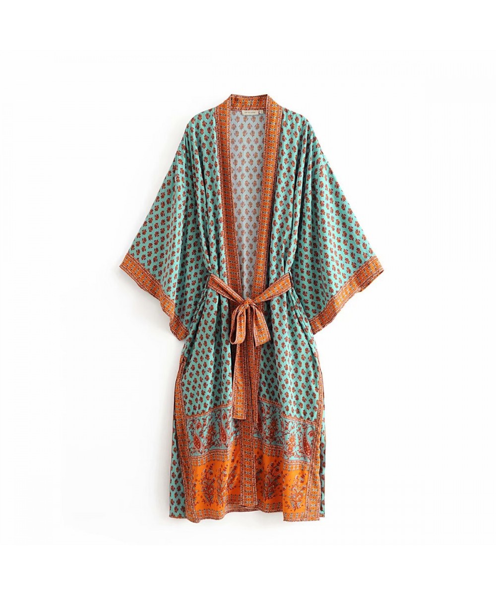 Boho Queens Vintage Peacock Print Sashes Kimono Women Bohemian V Neck Batwing Sleeves Maxi Robe $39.14 - Swimsuit