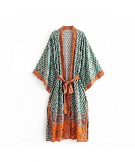 Boho Queens Vintage Peacock Print Sashes Kimono Women Bohemian V Neck Batwing Sleeves Maxi Robe $39.14 - Swimsuit