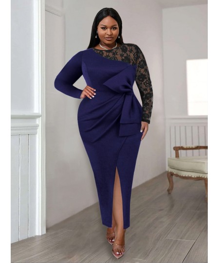 Plus Size Maxi Dress Women O Neck Lace Patchwork Full Sleeve Pleated Robes Bow Evening Cocktail Event Party Slit Gowns 4XL 20...