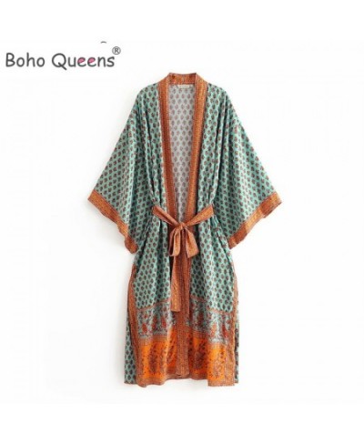 Boho Queens Vintage Peacock Print Sashes Kimono Women Bohemian V Neck Batwing Sleeves Maxi Robe $39.14 - Swimsuit