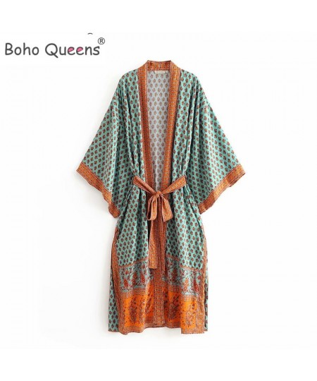 Boho Queens Vintage Peacock Print Sashes Kimono Women Bohemian V Neck Batwing Sleeves Maxi Robe $39.14 - Swimsuit