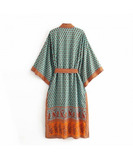 Boho Queens Vintage Peacock Print Sashes Kimono Women Bohemian V Neck Batwing Sleeves Maxi Robe $39.14 - Swimsuit