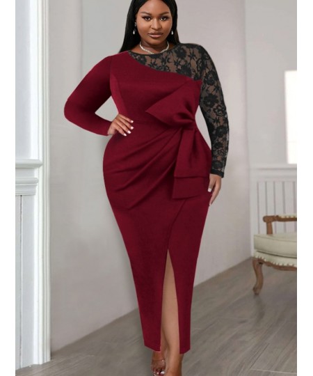 Plus Size Maxi Dress Women O Neck Lace Patchwork Full Sleeve Pleated Robes Bow Evening Cocktail Event Party Slit Gowns 4XL 20...