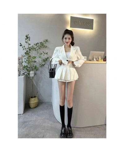 Suit Dress and Cardigan Lapel Solid Loose Casual Blazers Tops Pleated Mini Skirts Chic Korean Style Two Piece Sets $67.97 - S...