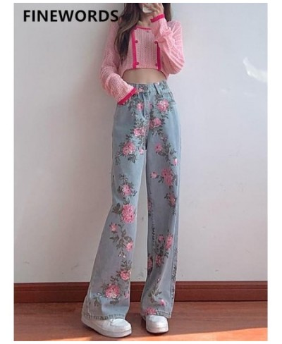 Vintage High Waist Rose Printed Jeans Women Korean Casual Streetwear Harajuku Floral Jeans Loose Straight Denim Pants $54.93 ...