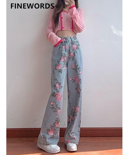 Vintage High Waist Rose Printed Jeans Women Korean Casual Streetwear Harajuku Floral Jeans Loose Straight Denim Pants $54.93 ...