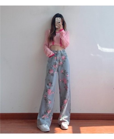 Vintage High Waist Rose Printed Jeans Women Korean Casual Streetwear Harajuku Floral Jeans Loose Straight Denim Pants $54.93 ...