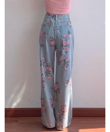 Vintage High Waist Rose Printed Jeans Women Korean Casual Streetwear Harajuku Floral Jeans Loose Straight Denim Pants $54.93 ...