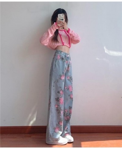 Vintage High Waist Rose Printed Jeans Women Korean Casual Streetwear Harajuku Floral Jeans Loose Straight Denim Pants $54.93 ...