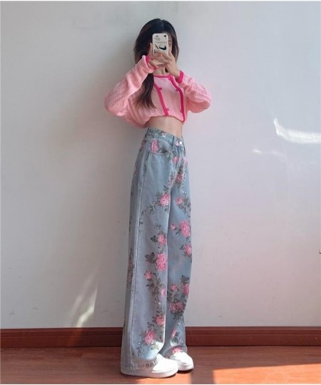 Vintage High Waist Rose Printed Jeans Women Korean Casual Streetwear Harajuku Floral Jeans Loose Straight Denim Pants $54.93 ...