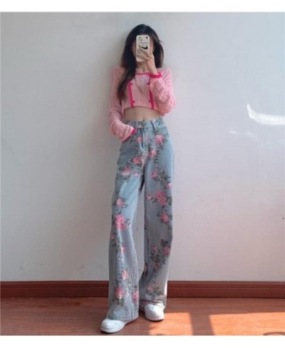 Vintage High Waist Rose Printed Jeans Women Korean Casual Streetwear Harajuku Floral Jeans Loose Straight Denim Pants $54.93 ...