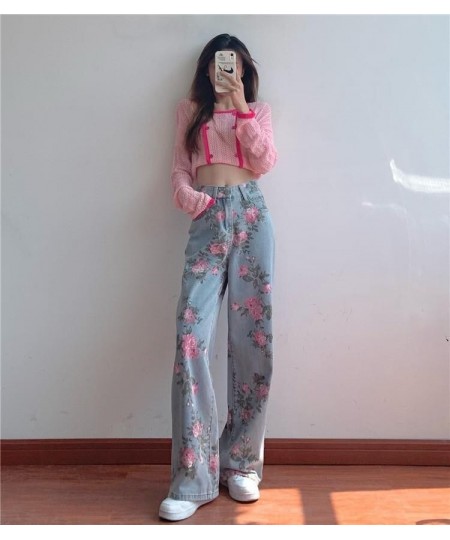 Vintage High Waist Rose Printed Jeans Women Korean Casual Streetwear Harajuku Floral Jeans Loose Straight Denim Pants $54.93 ...