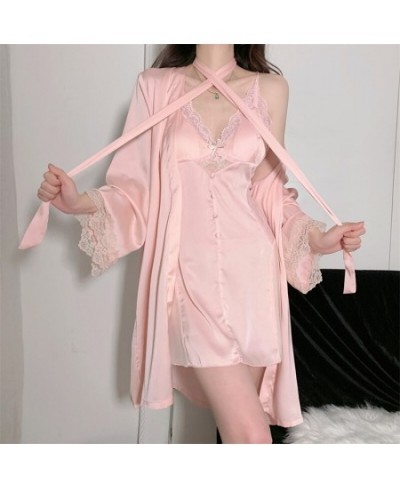 Spring Summer Nightdress Sexy Women's Suspended Dresses Chest Pads Silk Satin Long Sleeve Bathrobes Female Two Pieces Robe Se...