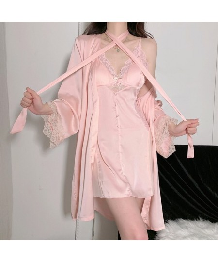 Spring Summer Nightdress Sexy Women's Suspended Dresses Chest Pads Silk Satin Long Sleeve Bathrobes Female Two Pieces Robe Se...