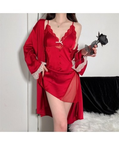 Spring Summer Nightdress Sexy Women's Suspended Dresses Chest Pads Silk Satin Long Sleeve Bathrobes Female Two Pieces Robe Se...