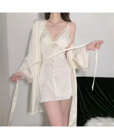 Spring Summer Nightdress Sexy Women's Suspended Dresses Chest Pads Silk Satin Long Sleeve Bathrobes Female Two Pieces Robe Se...