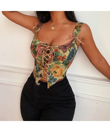 2023 Floral Print Lace Up Women Corset Crop Top Camis Straps Hollow Out Bodycon Sexy Streetwear Party Club Bustiers Vintage $...