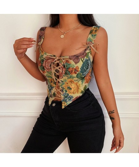 2023 Floral Print Lace Up Women Corset Crop Top Camis Straps Hollow Out Bodycon Sexy Streetwear Party Club Bustiers Vintage $...