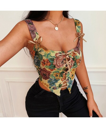 2023 Floral Print Lace Up Women Corset Crop Top Camis Straps Hollow Out Bodycon Sexy Streetwear Party Club Bustiers Vintage $...