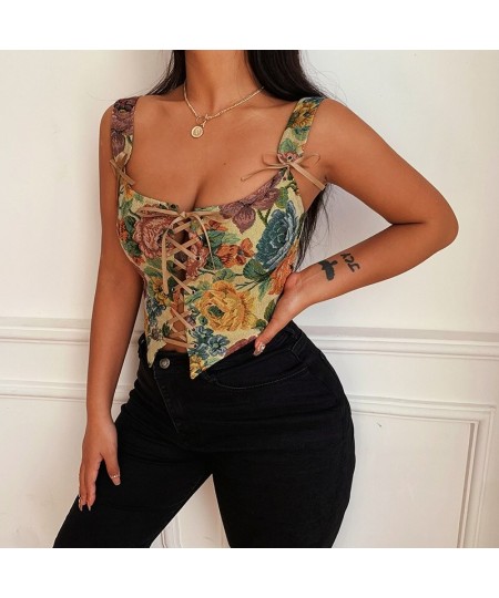 2023 Floral Print Lace Up Women Corset Crop Top Camis Straps Hollow Out Bodycon Sexy Streetwear Party Club Bustiers Vintage $...