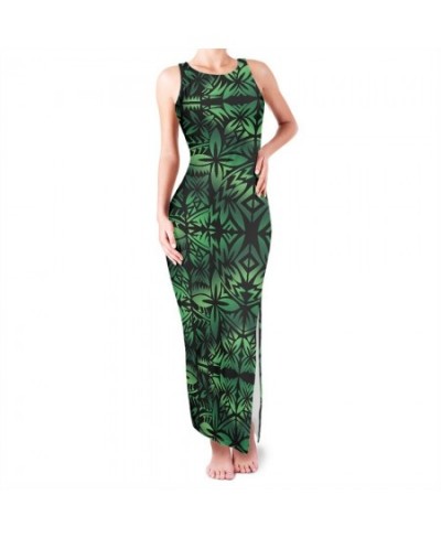 Bodycon Side Split Dress Polynesian Tribal Clothing Samoan Green Tapa Flower Print Custom Sexy Sleeveless Long Dresses Elegan...