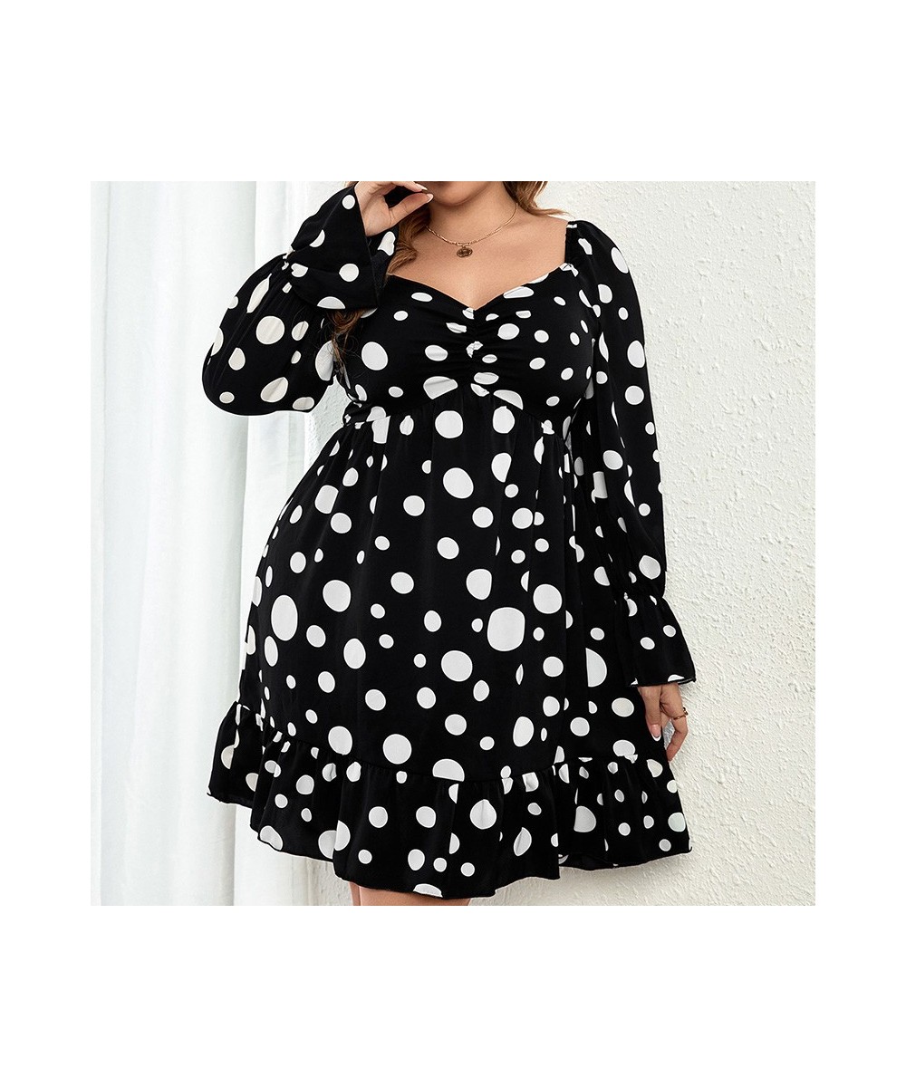 Polka Dot Printing Plus Size Women Clothing Bohemian V-Neck Basic Long Sleeve Autumn Winter Commute Black Midi Party Dresses ...