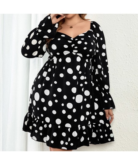 Polka Dot Printing Plus Size Women Clothing Bohemian V-Neck Basic Long Sleeve Autumn Winter Commute Black Midi Party Dresses ...