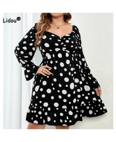 Polka Dot Printing Plus Size Women Clothing Bohemian V-Neck Basic Long Sleeve Autumn Winter Commute Black Midi Party Dresses ...