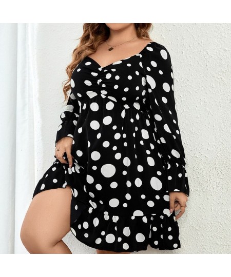 Polka Dot Printing Plus Size Women Clothing Bohemian V-Neck Basic Long Sleeve Autumn Winter Commute Black Midi Party Dresses ...