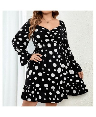 Polka Dot Printing Plus Size Women Clothing Bohemian V-Neck Basic Long Sleeve Autumn Winter Commute Black Midi Party Dresses ...