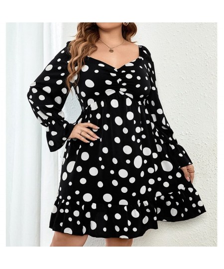 Polka Dot Printing Plus Size Women Clothing Bohemian V-Neck Basic Long Sleeve Autumn Winter Commute Black Midi Party Dresses ...