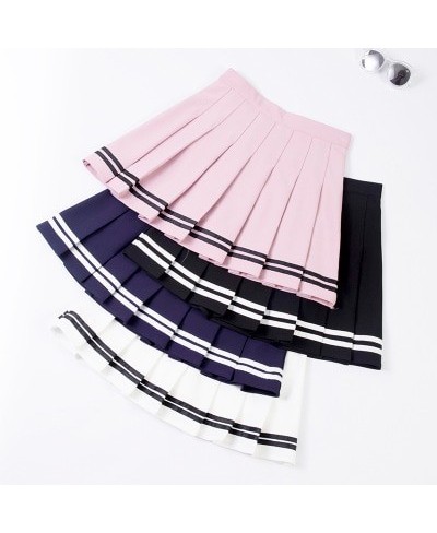 S-XXL Four Colors High Waist A-Line Women Striped Stitching Sailor Pleated Skirt Elastic Waist Sweet Girls Dance Skirt $24.68...