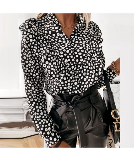 2023 Spring Autumn Long Sleeve Ruffled V-neck Blouse Women Office Lady Chiffon Polka Dot Women Shirt Elegant Lady Clothing $2...