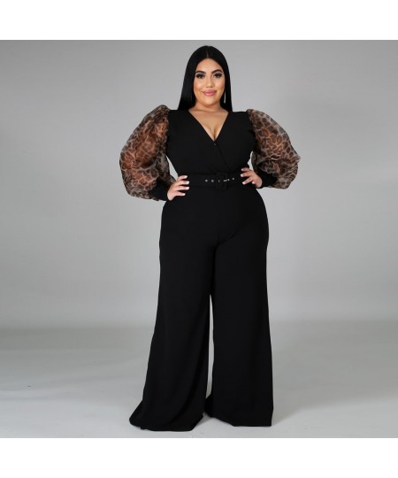 Plus Size Women's Jumpsuit 2022 Autumn Fashion Solid Color Jumpsuit V-neck Puff Sleeves Sexy Wide-leg Jumpsuit Female Clothin...