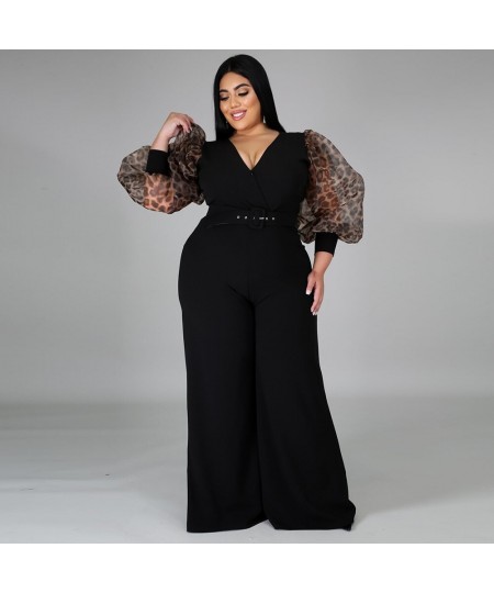 Plus Size Women's Jumpsuit 2022 Autumn Fashion Solid Color Jumpsuit V-neck Puff Sleeves Sexy Wide-leg Jumpsuit Female Clothin...