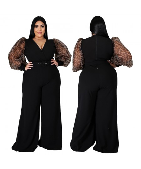 Plus Size Women's Jumpsuit 2022 Autumn Fashion Solid Color Jumpsuit V-neck Puff Sleeves Sexy Wide-leg Jumpsuit Female Clothin...