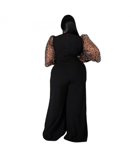 Plus Size Women's Jumpsuit 2022 Autumn Fashion Solid Color Jumpsuit V-neck Puff Sleeves Sexy Wide-leg Jumpsuit Female Clothin...