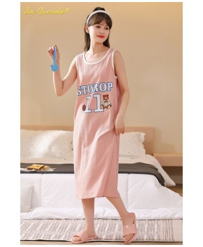 Cute Summer Cool Sleeveless Sleepshirt Long Gowns Pajamas L-3XL Cotton Nightdress Fashion Woman Dress Clothing Kawaii Home $2...