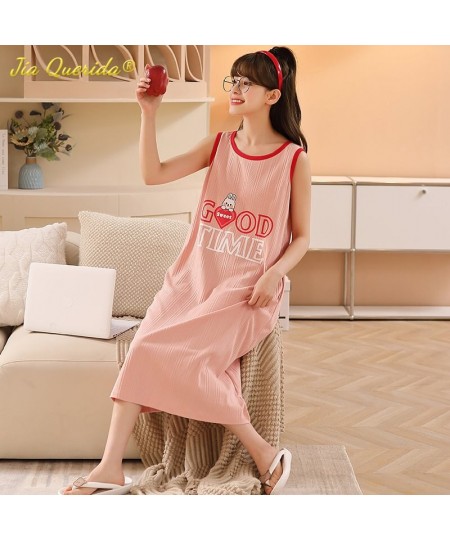 Cute Summer Cool Sleeveless Sleepshirt Long Gowns Pajamas L-3XL Cotton Nightdress Fashion Woman Dress Clothing Kawaii Home $2...