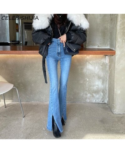 Skinny Ripped Jeans for Women High Waist Elastic Blue Split Denim Jeans Lady Chic Fashion Flare Pants Mom Bottoms New $57.98 ...