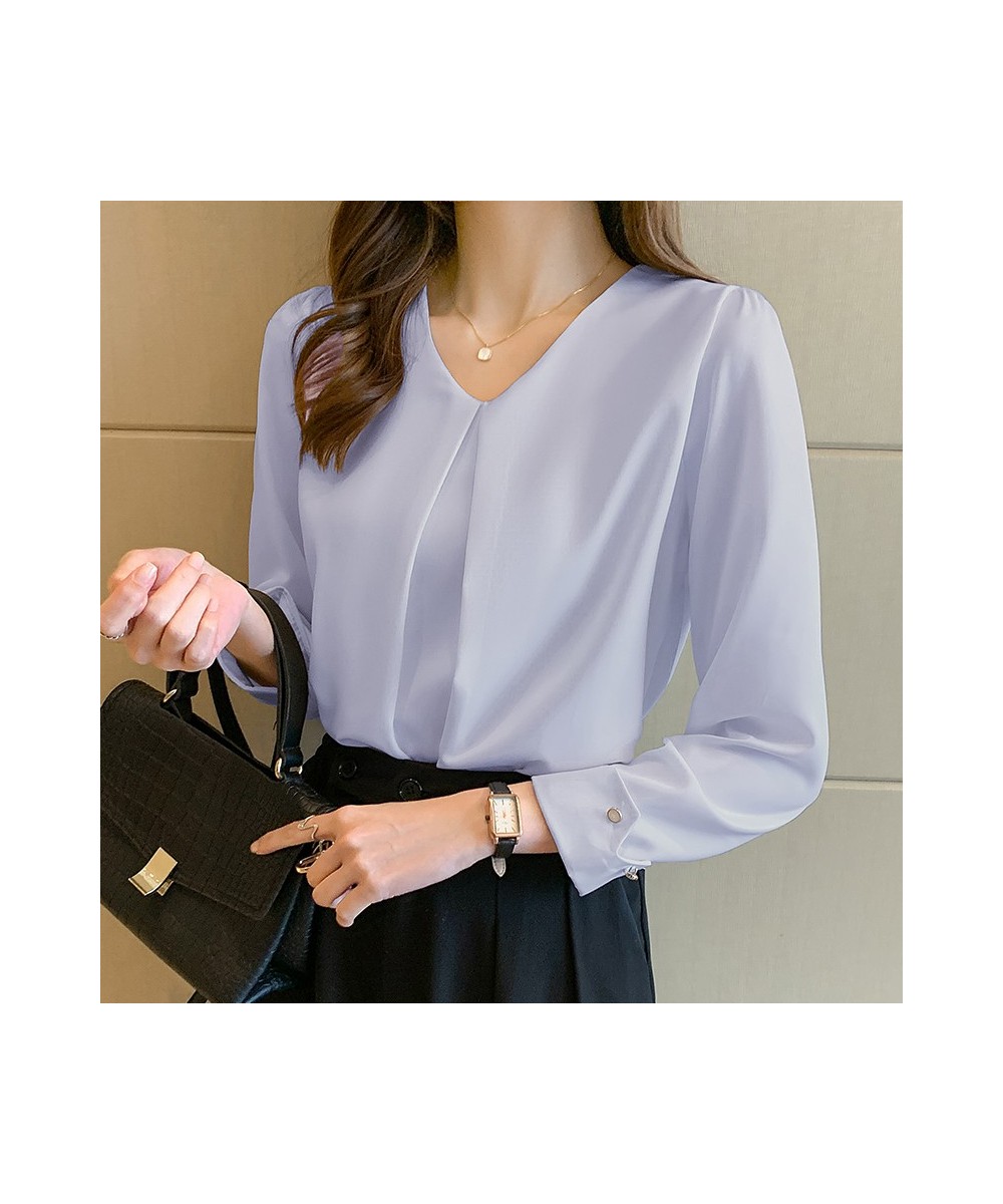 New Retro Pullover White Long Sleeve Solid Color Shirt Women's Simple Blue Tops and Blouse Women Spliced Chiffon Elegant 1571...