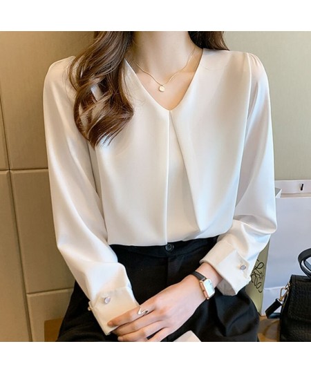 New Retro Pullover White Long Sleeve Solid Color Shirt Women's Simple Blue Tops and Blouse Women Spliced Chiffon Elegant 1571...