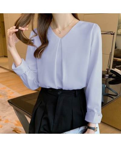 New Retro Pullover White Long Sleeve Solid Color Shirt Women's Simple Blue Tops and Blouse Women Spliced Chiffon Elegant 1571...