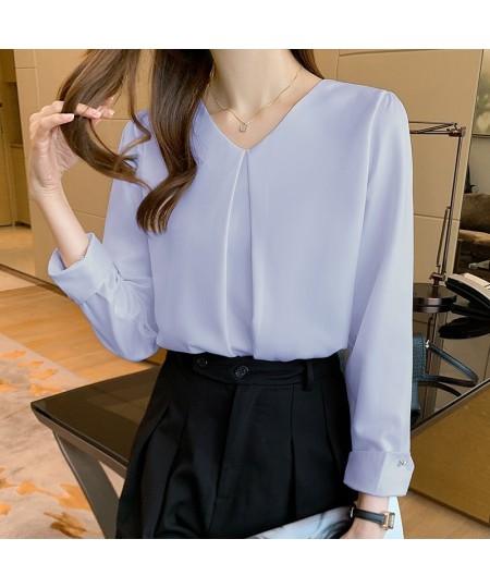 New Retro Pullover White Long Sleeve Solid Color Shirt Women's Simple Blue Tops and Blouse Women Spliced Chiffon Elegant 1571...